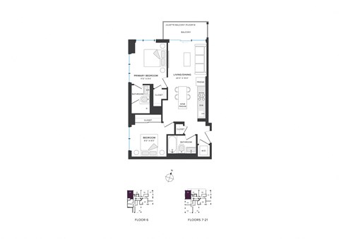 Floor plan for 2 beds, 2 baths, 689 sqft